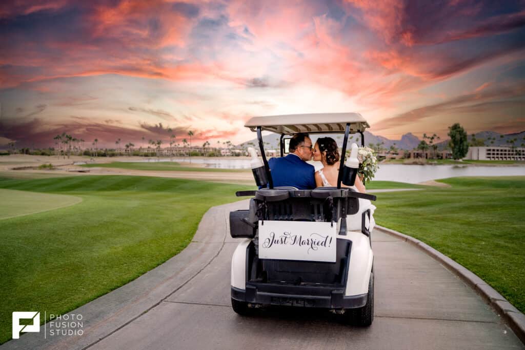 Mr & Mrs Golf Just Married wedding photo in golf cart at McCormick Ranch Golf Club